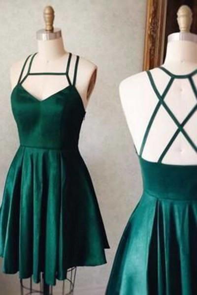 Green satins short dresses sexy open back mini party dresses RS394