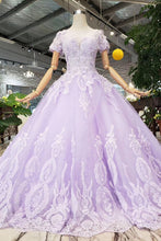 Load image into Gallery viewer, Unique Short Sleeve Lilac Ball Gown Appliques Beading Prom Dress Quinceanera Dress P1134