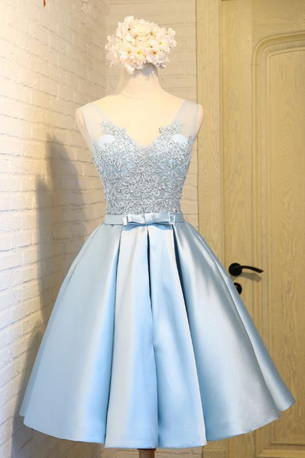Sky Blue A-Line V-Neck Short Prom Dresses Appliques Lace Homecoming Dresses RS568