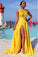 Sexy Elegant A line Yellow Chiffon Cap Sleeves Lace Evening Prom Dresses RS796