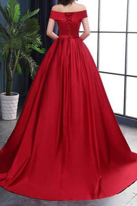 Chic A-Line Off-the-Shoulder Satin Simple Red Sleeveless Lace up Long Prom Dresses RS182
