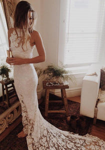 Simple Sleeveless Long Ivory Lace Halter Mermaid Sleeveless Wedding Dresses RS338