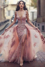 Load image into Gallery viewer, Sexy Deep V Neck Mermaid Tulle Lace Appliques Slit Front Backless Princess Prom Dresses RS742