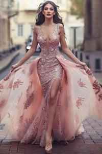Sexy Deep V Neck Mermaid Tulle Lace Appliques Slit Front Backless Princess Prom Dresses RS742