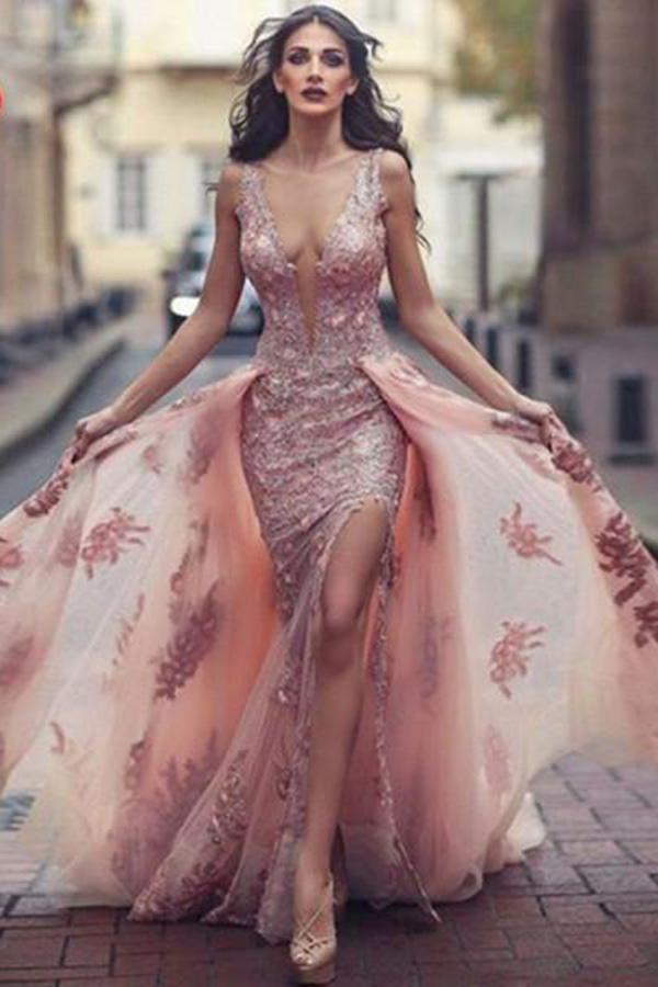 Sexy Deep V Neck Mermaid Tulle Lace Appliques Slit Front Backless Princess Prom Dresses RS742