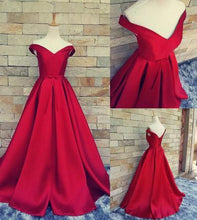 Load image into Gallery viewer, Simple Ball Gown Off The Shoulder Sweetheart Red Satin Fitted Corset Prom Dresses RS157