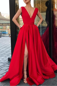 Red A Line Deep V Neck Split Prom Dresses with Pockets Strap High Slit Evening Dress RS481