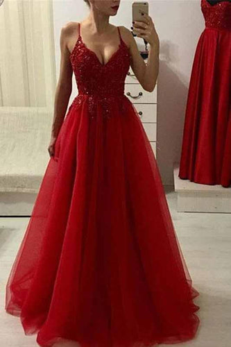 Red A Line Spaghetti Straps Beads Tulle Evening Dresses V Neck Long Prom Dress RS587