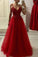 Red A Line Spaghetti Straps Beads Tulle Evening Dresses V Neck Long Prom Dress RS587