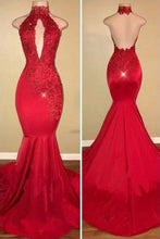 Load image into Gallery viewer, Red Mermaid High Neck Backless Satin Prom Dresses Long Cheap Evening Dresses RS909