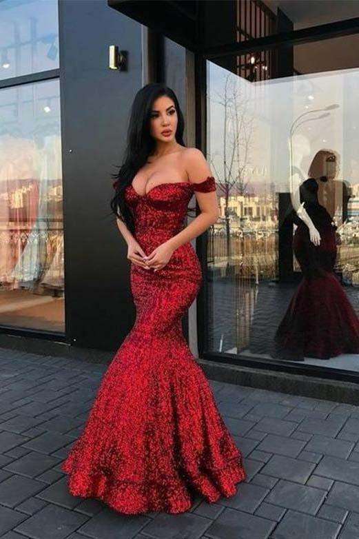 Red Mermaid Long V Neck Prom Dresses Off the Shoulder Evening Party Dresses RS472