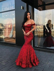 Red Mermaid Long V Neck Prom Dresses Off the Shoulder Evening Party Dresses RS472