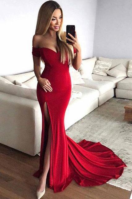 Red Mermaid Off the Shoulder Split Prom Dresses with V Neck Long Evening Dresses RS907