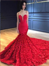 Load image into Gallery viewer, Red Mermaid Prom Dresses Spaghetti Straps V Neck Trumpet Rose Lace Evening Dresses P1044