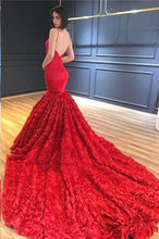 Load image into Gallery viewer, Red Mermaid Prom Dresses Spaghetti Straps V Neck Trumpet Rose Lace Evening Dresses P1044