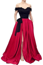 Load image into Gallery viewer, Red Off the Shoulder Satin Black Appliques V Neck Prom Dresses with Split Pockets RS646