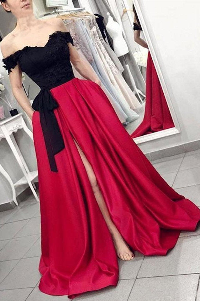 Red Off the Shoulder Satin Black Appliques V Neck Prom Dresses with Split Pockets RS646