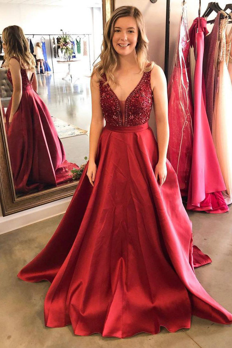 Red Prom Dresses Satin Beaded Ball Gown with Pockets