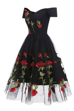 Load image into Gallery viewer, Retro Off the Shoulder V Neck Tulle Black Short Sleeve Party Dress with Red Flowers H1195