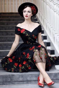 Retro Off the Shoulder V Neck Tulle Black Short Sleeve Party Dress with Red Flowers H1195
