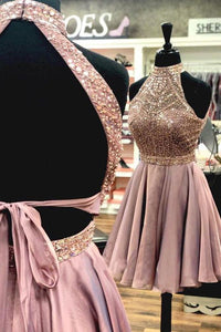 A Line Halter Open Back Chiffon Blush Pink Short Homecoming Dresses with Beading RS984