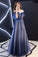 Romantic Scoop Lace up Prom Dresses Blue Floor Length Evening Dresses with Tulle P1052