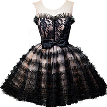 Load image into Gallery viewer, Round Neck Open Back Black and Pink Bowknot Lace up Homecoming Dresses with Tulle H1130