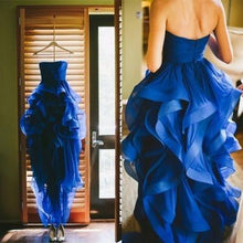 Load image into Gallery viewer, High Low Royal Blue Organza Prom Gowns Strapless Evening Dresses For Teens Brides RS158