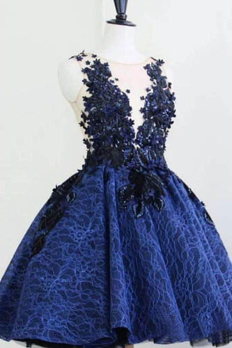 Royal Blue Lace Appliques Short Prom Dresses Vintage Above Knee Homecoming Dress RS953