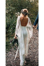 Load image into Gallery viewer, Rustic Batwing Sleeve Lace Ivory Wedding Dresses Ivory Sheath Boho Wedding Dresses W1059