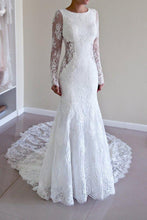 Load image into Gallery viewer, Long Sleeves Open Back Lace Appliques Scoop Mermaid Long Beach Wedding Dresses RS844