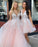 Princess V Neck Pink Long Tulle Lace Appliques Open Back Party Dress Prom Dresses RS66
