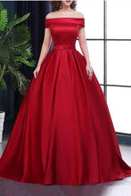 Load image into Gallery viewer, Chic A-Line Off-the-Shoulder Satin Simple Red Sleeveless Lace up Long Prom Dresses RS182