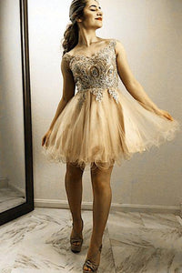 A Line Gold Lace Embroidery Organza Ruffles Off Shoulder Beads Homecoming Dresses RS761