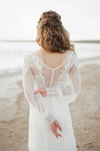 Elegant A Line See Through Long Sleeve Lace Appliques Ivory Beach Wedding Dresses RS873