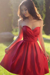 Sweetheart Simple Pleated Red Strapless Satin Party Dresses Short Homecoming Dresses RS915