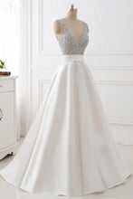 Load image into Gallery viewer, Stunning Ivory A-Line V-Neck Satin Backless Sleeveless Evening Prom Dress with Beaded RS483
