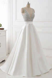 Stunning Ivory A-Line V-Neck Satin Backless Sleeveless Evening Prom Dress with Beaded RS483