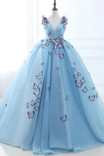 Load image into Gallery viewer, Ball Gown Long Sky Blue Butterfly V Neck Appliques Lace up Prom Quinceanera Dresses RS848