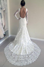 Load image into Gallery viewer, Long Sleeves Open Back Lace Appliques Scoop Mermaid Long Beach Wedding Dresses RS844