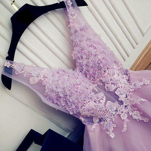 A Line V Neck Lace Appliques Lilac Short Beading Tulle Sleeveless Homecoming Dresses RS976