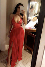 Load image into Gallery viewer, A Line V Neck Chiffon Side Slit Spaghetti Straps Sleeveless Lace Long Prom Dresses RS312