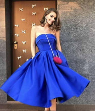 Load image into Gallery viewer, Royal Blue Satin Strapless Ball Gowns Tea Length Short Prom Dress Homecoming Dresses RS09