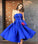 Royal Blue Satin Strapless Ball Gowns Tea Length Short Prom Dress Homecoming Dresses RS09
