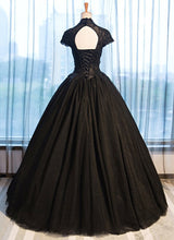 Load image into Gallery viewer, Black Tulle Cap Sleeve Long High Neck Beads Ball Gown Open Back Prom Dresses RS103