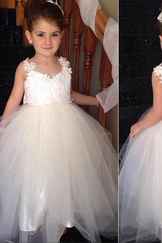 Ivory Sweetheart Lace Top Cute Tulle V Back Bowknot Flower Girl Dresses RS120