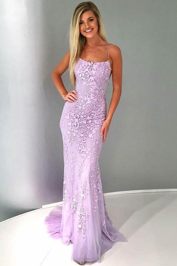 Sexy Mermaid Spaghetti Straps Lilac Tulle Lace Prom Evening Dresses with Appliques RS73