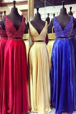 Luxury chiffon sequins V-neck two pieces prom dress evening dress RS810