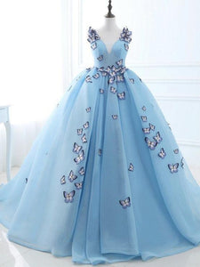 Ball Gown Long Sky Blue Butterfly V Neck Appliques Lace up Prom Quinceanera Dresses RS848