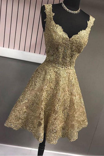 Cute A Line Gold V Neck Lace Appliques Short Prom Dresses Homecoming Dresses RS888